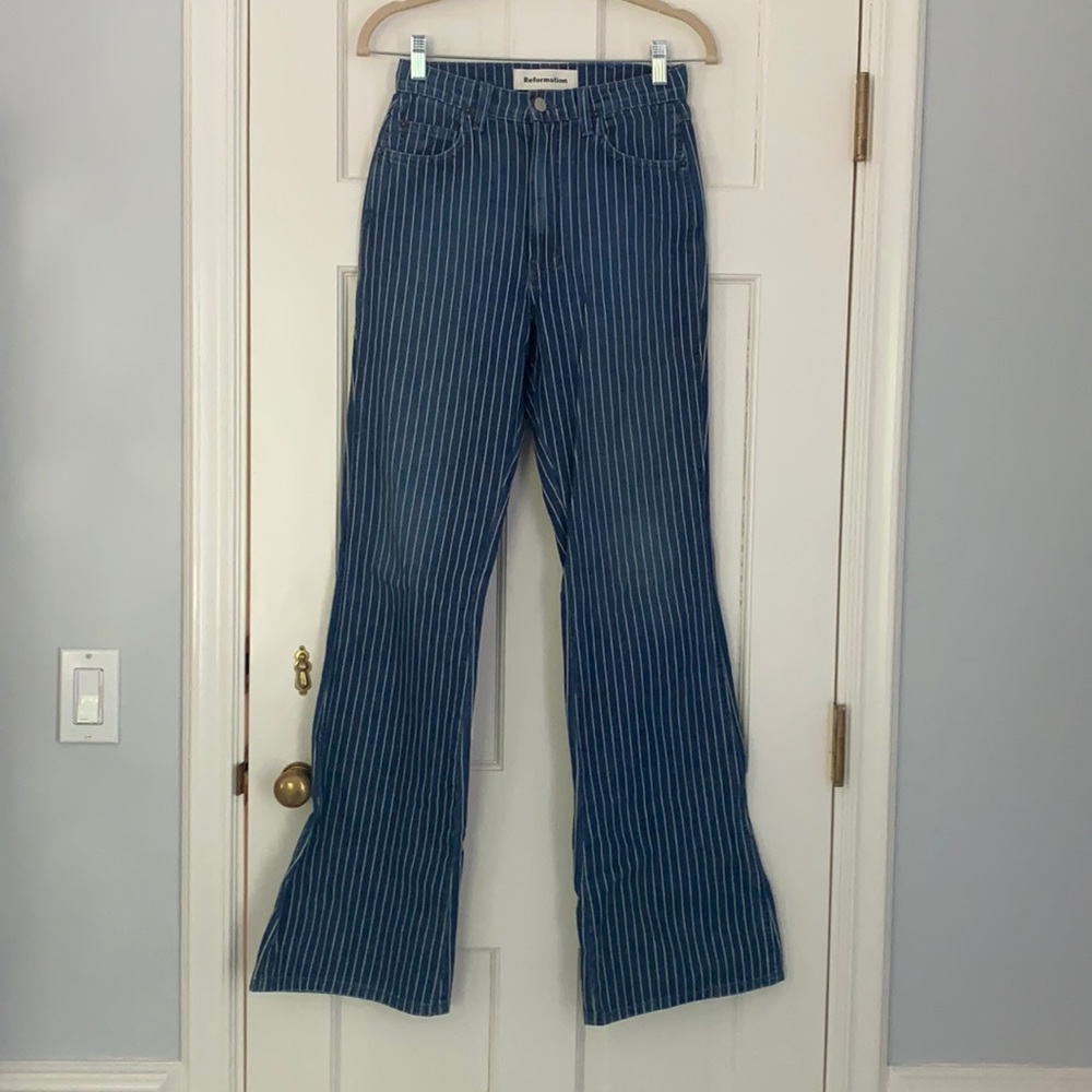 Reformation Railroad Stipe Flared High Rise Jeans